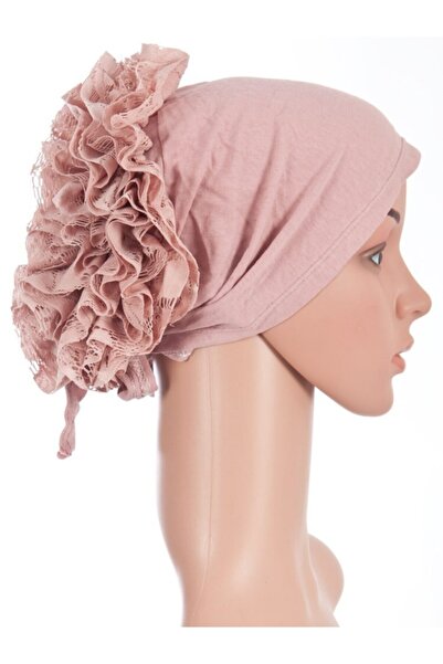 Beyaz İnci Bone Arkası Fırfırlı Bone Gül Kurusu