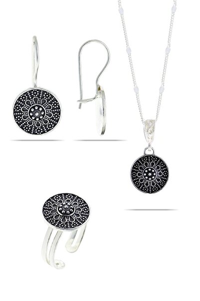 Artuklu Telkari 925 Ayar Saf Gümüş Mardin-midyat Hasırı Mine Işlemeli Gümüş 3'lü Set Takım