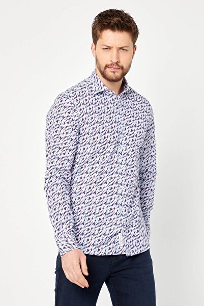 RAVANELLI 100% Cotton Navy Blue Printed Slim Fit Long Sleeve Shirt