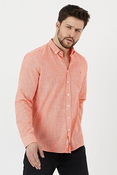 RAVANELLI Orange 100% Cotton Slim Fit Long Sleeve Linen Shirt