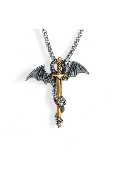 Viking Nordic Figures and Dragon Design - Stainless Anti-Tarnish 316L Steel Necklace, Small Size
