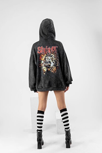 Sekizbiraltı Yıkamalı Siyah Slipknot Sırt Baskılı Oversize Unisex Hoodie