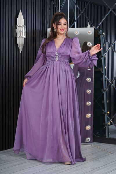 Matik Abiyem Janjan Chiffon Design V Decollete Long Dress with Stone Accessories Evening Dress