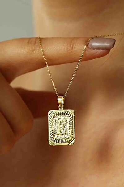 WOOW GOLD 14 Ayar Altın Kolye Kabartma E Harfi Kare Altın Kolye Zincir Dahil