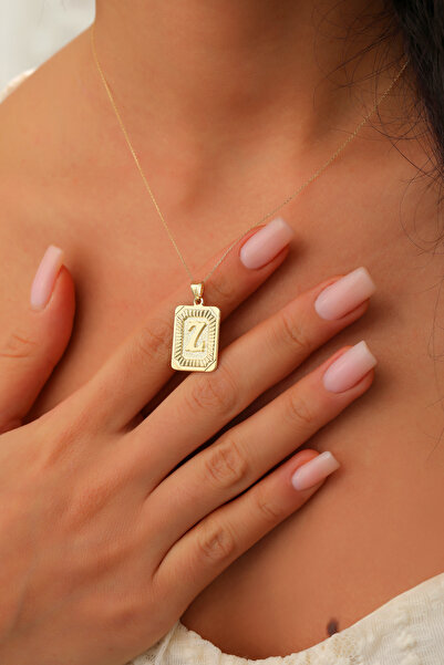 WOOW GOLD 14 Ayar Altın Kolye Kabartma Z Harfi Kare Altın Kolye Zincir Dahil