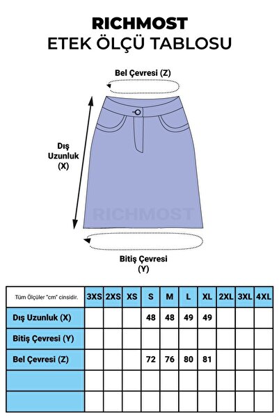 RICHMOST Pileli ve Çan Modelli Cepsiz Astarsız Kadın Kısa Kot Etek Durulanmış Mavi Denim Yaz / Bahar