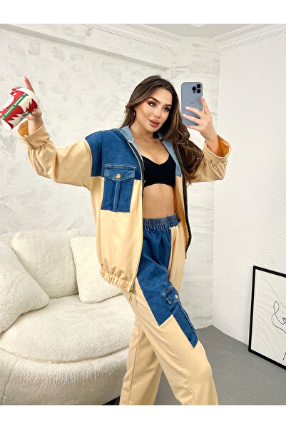 HEVEN MODA طقم بدلة رياضية جينز نسائي وبنطلون وسترة بخيطين لون أسود جينز دينم...