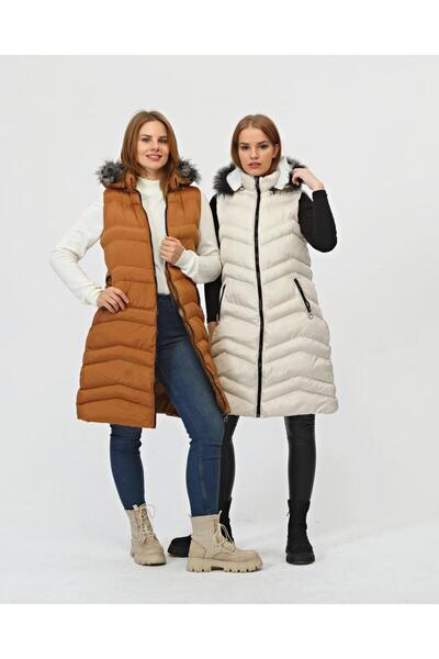 CAFFARİ Long inflatable Vest, hoodie with fluffy fur