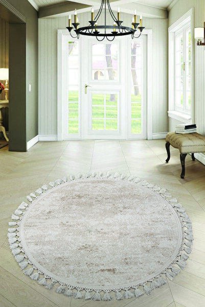 AVANTAJ Nova Krem Yuvarlak Ponpon Saçaklı Antibakteriyel Çocuk Halısı Yıkanab...