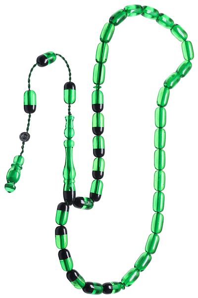 Tesbih Atölyesi Certified Signed Green Black Fire Amber Prayer Beads
