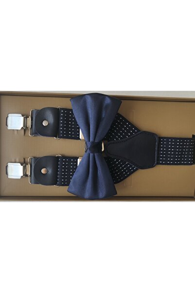 KemerSepeti Yetişkin Boy Lacivert Noktalı Pantolon Askısı ve Papyon Kombini