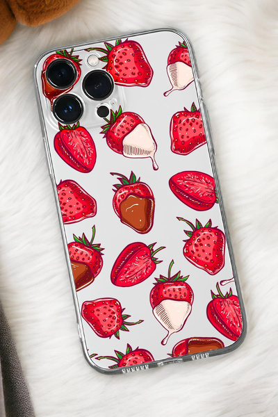 mooodcase iPhone 15 Uyumlu Çikolatalı Çilekler Desenli Premium Silikonlu Şeffaf Telefon Kılıfı