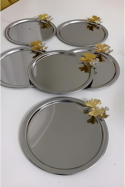 Mira züccaciye 6-Piece Butterfly Patterned Silver Round Presentation Tray - Tea and Coffee 22 Cm