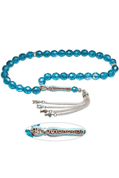 Tesbih Atölyesi Certified Filigree Tassel Faceted Blue Natural Quartz Stone Rosary