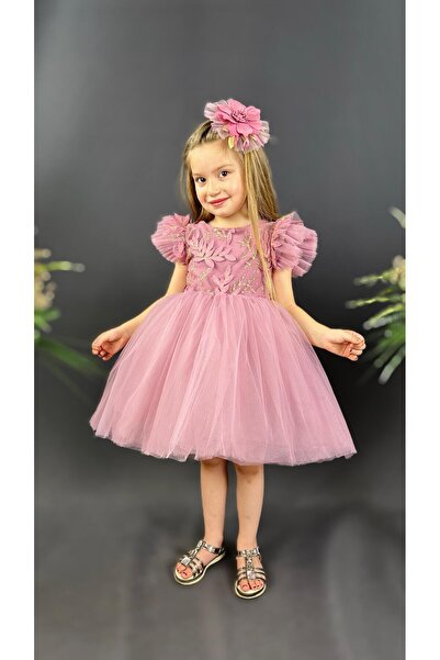 Fatma Kına Fenomen Kids kat kat tül çiçekli çocuk abiye