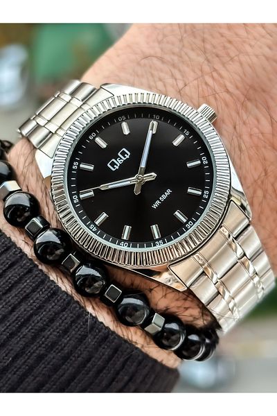 Q&Q Brand Steel Strap, Silver Color, Suitable for Pool and Sea Use, Stylish Men's Wristwatch + Bracelet