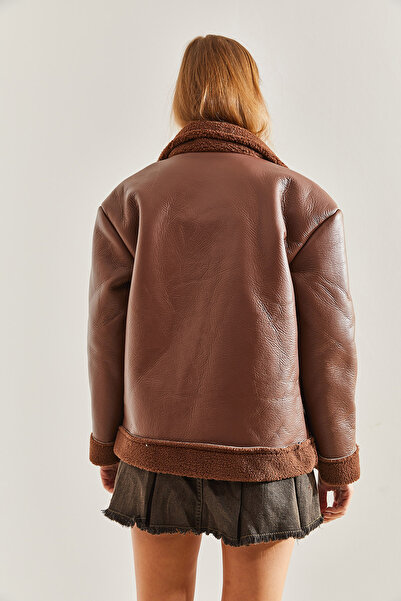 Bianco Lucci Dámský dvouřadý laminovaný kožený motorkářský kabát 2341