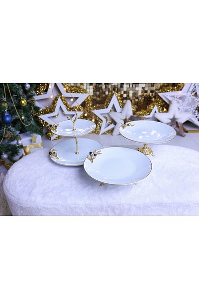 Elta Collection 3 Piece Metal Leg Porcelain Cake Presentation Cookie Holder Sugar Bowl Set