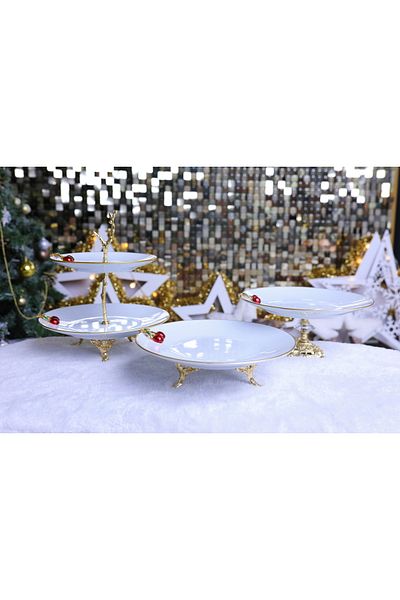 Elta Collection 3 Piece Metal Leg Porcelain Cake Presentation Cookie Holder Sugar Bowl Set