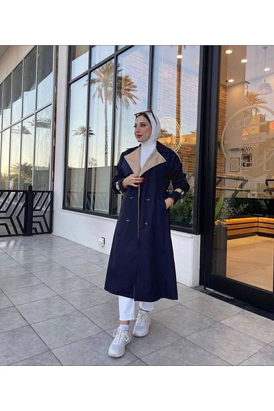 Esre Store 4425 Double Color Hijab Trench Coat Navy Blue