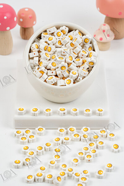 LANDOFACCESSORY POLİMER FİMO BONCUK - BEYAZ ÇİÇEK DESENLİ - TAKI AKSESUARI - ...