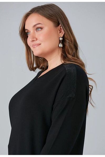 For Big Trend Women's Plus Size Shoulder Stone Detail V Neck Side Slit Stretchy Blouse