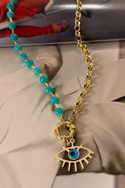 Trendy Butik نصف سلسلة نصف قلادة العين مطرز الأزرق