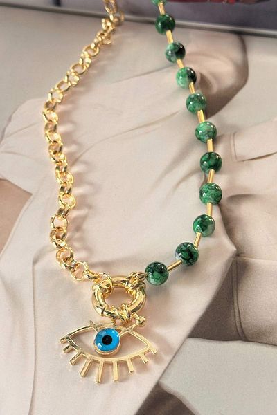 Trendy Butik نصف سلسلة نصف قلادة العين الخرز الأخضر