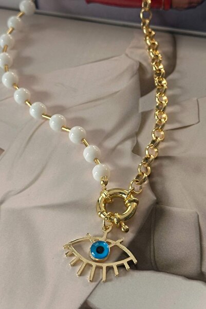 Trendy Butik نصف سلسلة نصف قلادة العين مطرز الأبيض