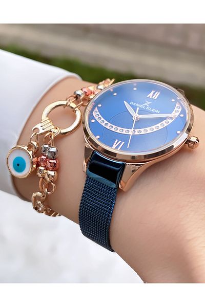 Daniel Klein Brand Navy Blue Rose Color Thin Cord Women's Wristwatch with Bracelet Gift