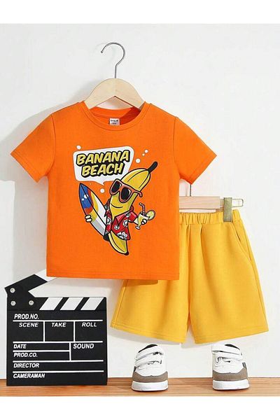 AMMA Kids Orange Banana Printed T-shirt Shorts Top and Bottom Set