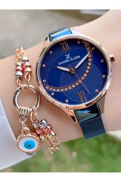 Daniel Klein Brand Navy Blue Rose Color Thin Cord Women's Wristwatch with Bracelet Gift