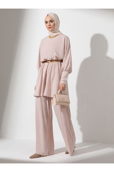 Refka Tunic&Pants Double Evening Dress Set - Beige - Refka Woman