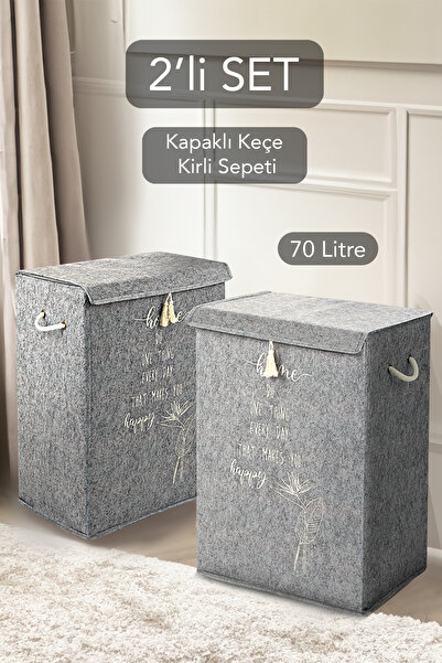 Meleni Home 2'li Set Keçe Kapaklı Kirli Çamaşır Sepeti - Çok Amaçlı Saklama K...