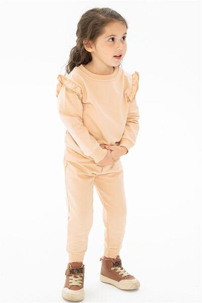 zepkids Girl's Beige Colored Crew Neck 2-piece Suit with Ruffle Detail on the Shoulders