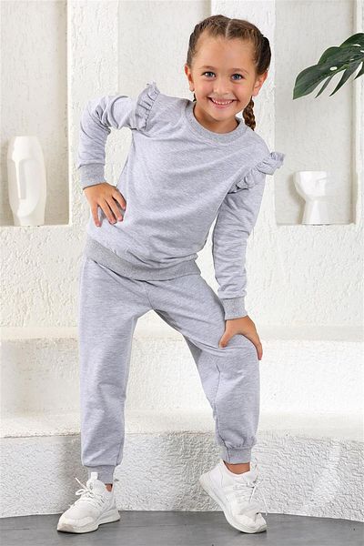 zepkids Girl's Gray Colored Crew Neck 2-piece Suit with Ruffle Detail on the Shoulders