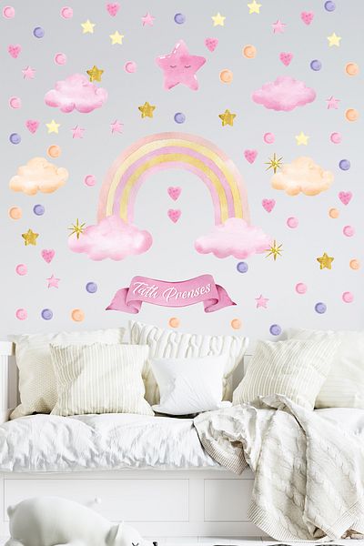 Sim Tasarım - Pink Rainbow Sweet Princess Stars Hearts Kids Room Wall Sticker Set