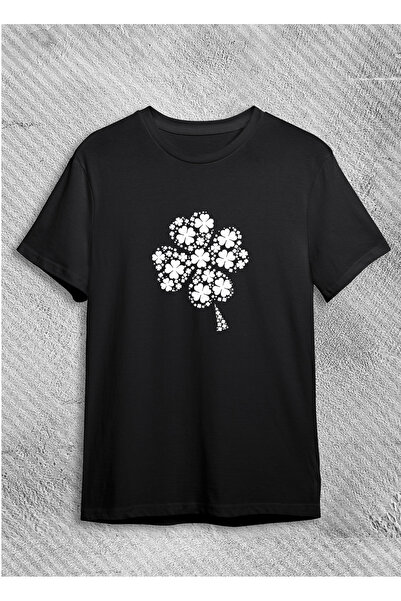 VİZYON İKRA Tricou de damă alb-negru cu 4 foi de trifoi cu frunze imprimate