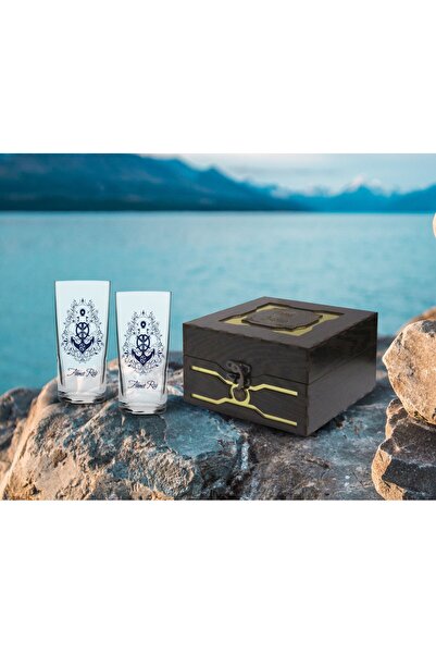 Bk Gift Kişiye Özel Ahşap Kutuda Çapa Tasarımlı İkili Rakı Bardağı Hediye Seti