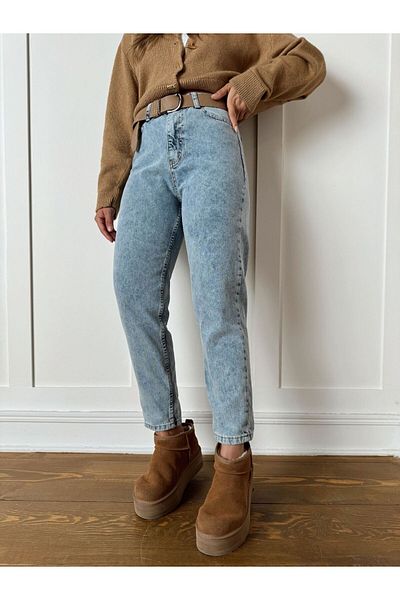 Geppetto Blugi Mom Blue Indigo Snow Blue cu talie înaltă Blugi Boyfriend Blue 2024