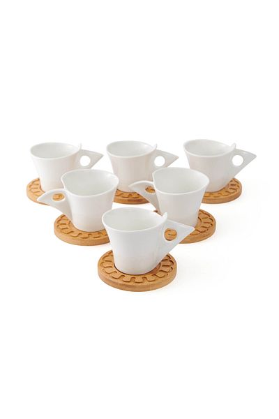Paçi Belina White 12 Piece Tea Cup Set with Bamboo Plate