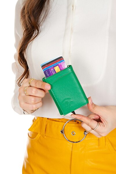 Newish Women's Leather Sliding Card Holder Wallet, Aluminum Mechanism with Keychain Gift, Automatic Wallet