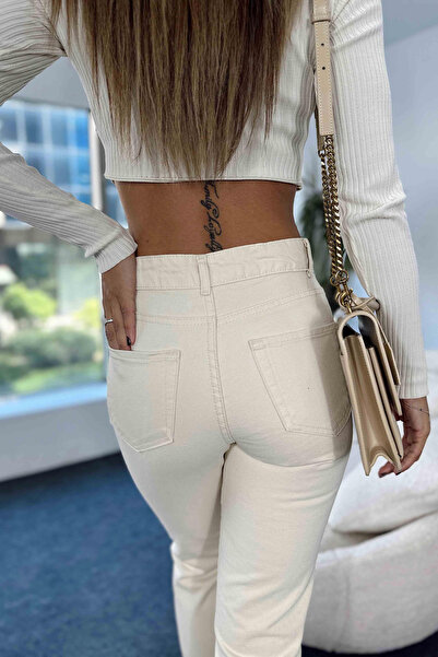 Geppetto 2024 Ψηλόμεσο ελαστικό Lycra Cream Mom Jeans Τζιν παντελόνι