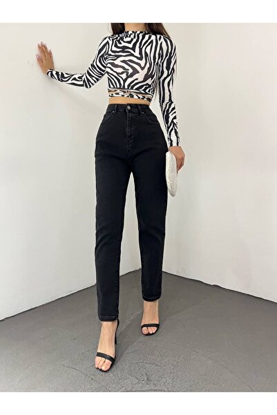 MAKRAS EXCLUSIVE Visok struk Obične pantalone za mame, crne ženske Denim pant...