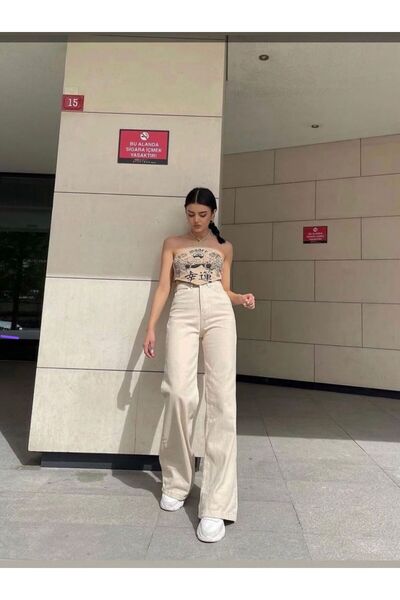 MAKRAS EXCLUSIVE Palazzo BEJ Trend Bol Paça Yüksek Bel Kadın Kot Pantolon