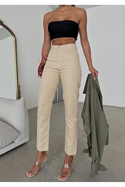 MAKRAS EXCLUSIVE Ψηλόμεσο Lycra Beige Mom Jeans - Colorfast Extra Comfortable Jeans 2024