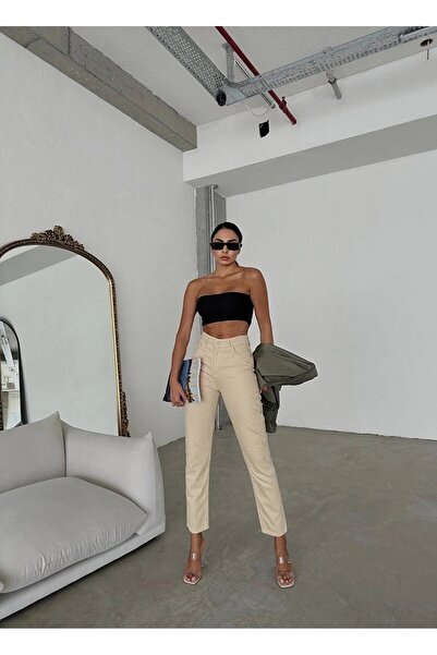 MAKRAS EXCLUSIVE High Waist Lycra Beige Mom Jeans - Colorfast Extra Comfortable Jeans 2024