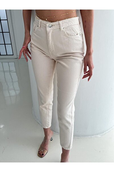 MAKRAS EXCLUSIVE Harvey Women's Beige High Waist Mom Lycra Jeans 2024