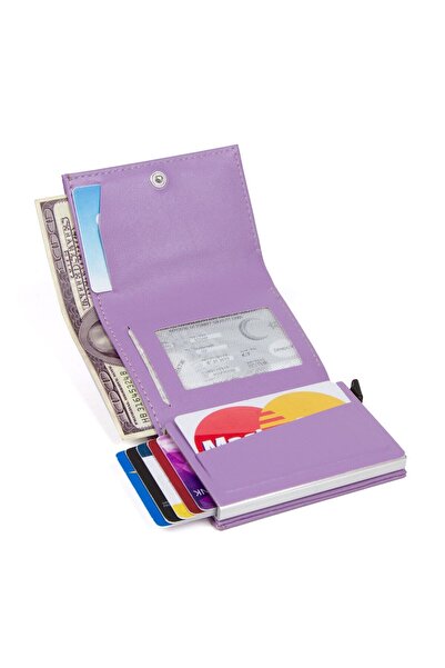Newish Women's Lilac Vegan Leather Wallet with Aluminum Mechanism and Card Holder.