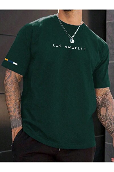 MOONBULL Men's Los Angeles Printed Oversize T-shirt with Sleeve Line Print De...